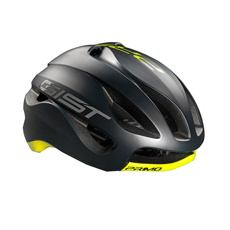 Casco de ciclismo GIST Primo negro amarillo aerodinámico y ventilado