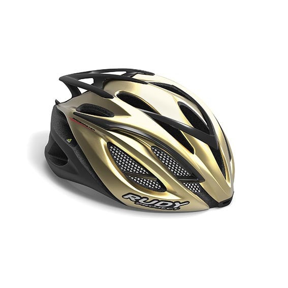 Casco de ciclismo Rudy Project Racemaster dorado con tecnología Hexocrush y diseño aerodinámico