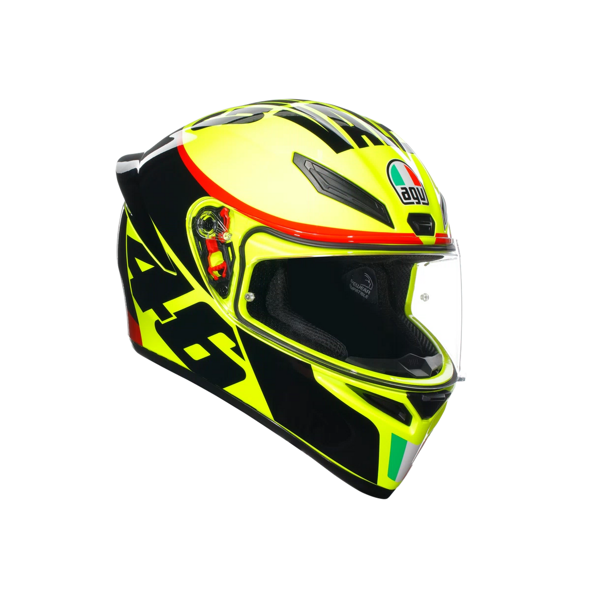 Casco integral AGV K1 S Grazie Vale Valentino Rossi vista frontal amarillo negro
