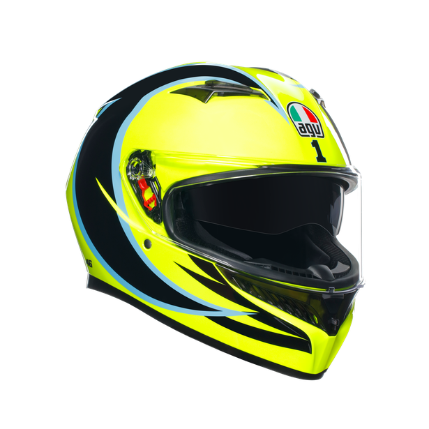 Casco integral AGV K3 Rossi WT Phillip Island 2005 vista frontal amarillo negro azul

