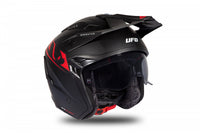 Casco jet UFO Sheratan negro rojo mate vista frontal diseño motocross
