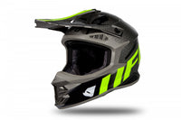 Casco motocross UFO Intrepid gris amarillo lateral izquierdo pico ajustable ventilación