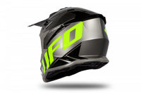 Casco motocross UFO Intrepid gris amarillo vista trasera extractores de aire traseros
