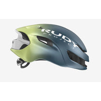 Vista lateral derecha del casco Rudy Project Nytron azul avio verde manzana metal mate