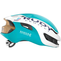 Vista lateral derecha del casco Rudy Project Nytron Bahrain Victorious 25 blanco teal dorado brillante