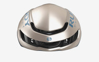 Vista frontal del casco Rudy Project Nytron champagne azul avio metal mate