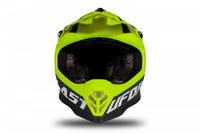 Vista frontal casco cross moto infantil UFO HE191 amarillo fluo