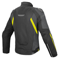 Detalle de acabados premium y diseño sport touring de la chamarra para moto Dainese Super Speed D-Dry gris amarillo flúor